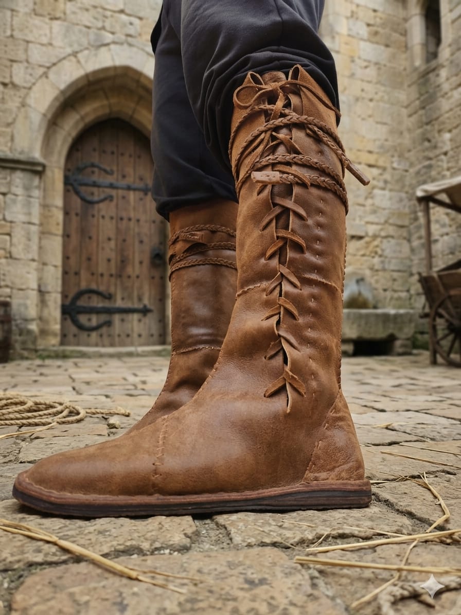 Hand-stitched leather boot on stone steps