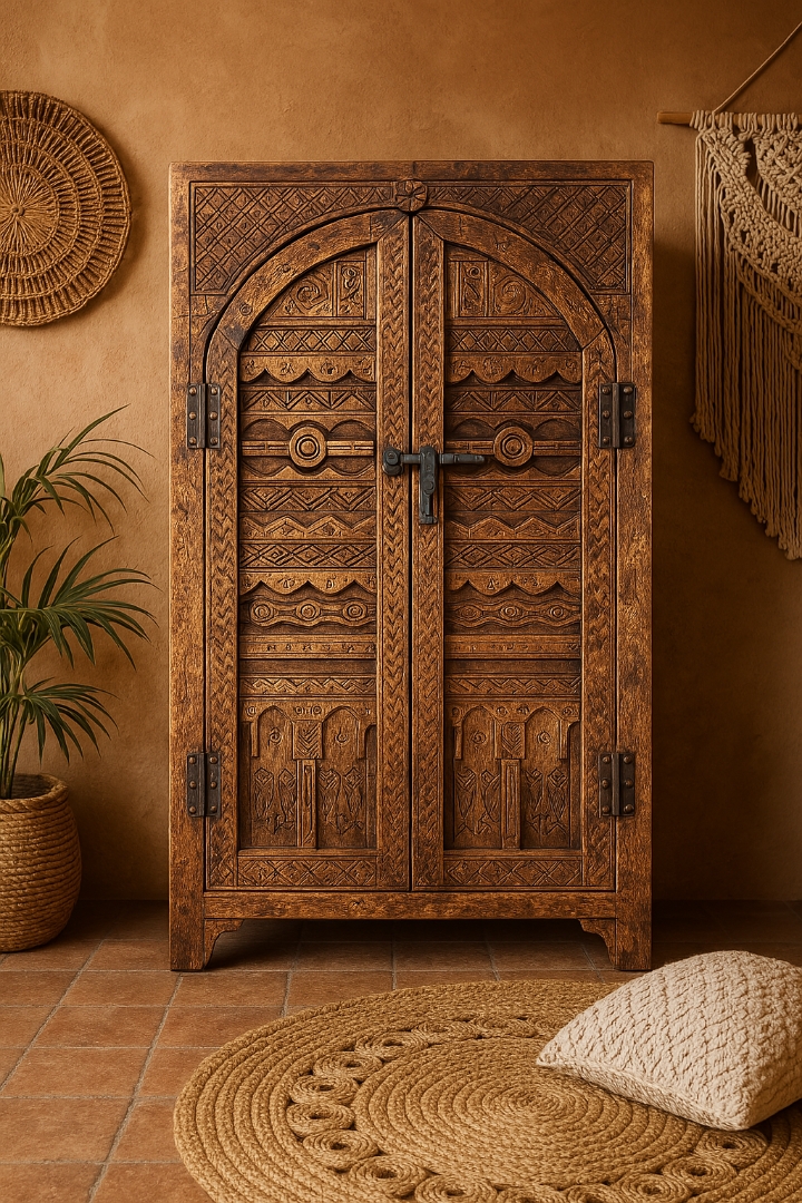 Hand-carved Moroccan wooden cabinet in a sunlit clay-walled interior