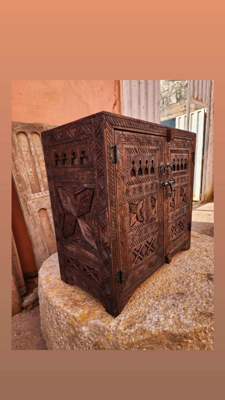 Hand-carved Moroccan cabinet, doors open